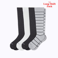 4 pairs of knee-high socks in grey with 1 charcoal stripes, 1 plain white, and 2 heather charcoal