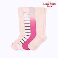 Four pairs of knee-high socks with different patterns on a white background, labeled 'The Long Shift Pack'.