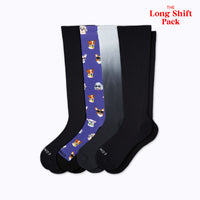 Set of four socks with different patterns on a white background, labeled 'The Long Shift Pack'.