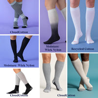 collage of models wearing knee-high socks in different fabrics
