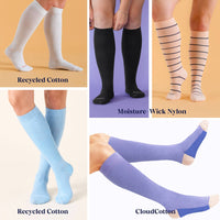 collage of 5 models wearing knee-high compression socks in various colors and fabrics