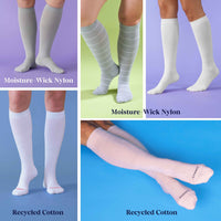 Collage of knee-high socks in different colors with labels indicating material type.