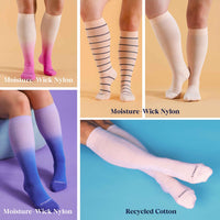 Collage of knee-high socks in various colors with labels indicating material types.