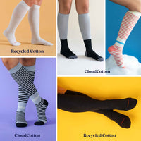 Collage of various socks with labels indicating material types on a colorful background.