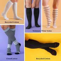 Collage of different types of socks with labels on a colorful background