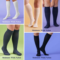 Collage of knee-high socks in different colors on a solid background