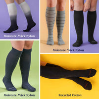 Collage of knee-high socks with different materials on a colorful background
