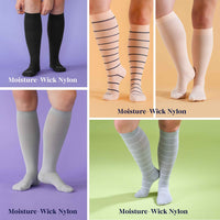 Collage of knee-high socks in different colors on a colorful background