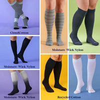 Collage of knee-high socks with labels indicating material types on a colorful background.