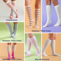 Collage of different types of socks with labels on a colorful background