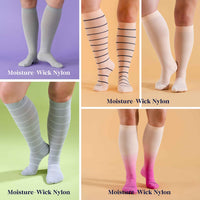 Collage of knee-high socks in various colors and patterns on a solid background.