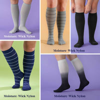 Collage of knee-high socks in various colors and patterns on a solid background.