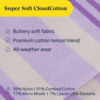 close up image of lavender stripe cloudcotton fabric with fabric content listed