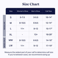 Size chart for shoes with dimensions for women's, men's, and calf sizes.