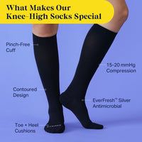 Black knee-high socks with features highlighted on a blue background