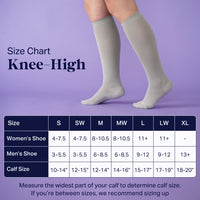 Knee-high socks with a size chart on a purple background