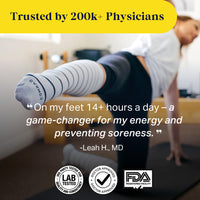 Person exercising on a mat with text about trusted physicians and product features.