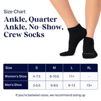 Size chart graphic for crew socks showing a size table with columns S, M, L, and XL for women's and men's shoe sizes, plus a photo of feet wearing black ankle socks at the top.