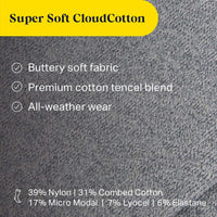 Close-up of a textured gray fabric with a yellow label reading 'Super Soft CloudCotton' and white text listing benefits: 'Buttery soft fabric,' 'Premium cotton tencel blend,' and 'All-weather wear.' Composition is a material detail shot rather than a full product, so Color Swatch is the best fit.