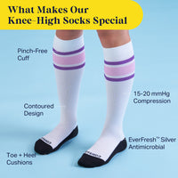 Model wearing knee-high varsity socks with benefit tech overlay