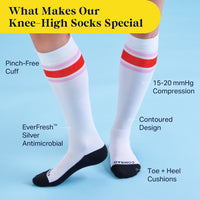 White knee-high socks with red and pink stripes on a blue background, featuring text about sock specifications.