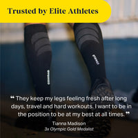 model wearing black running knee-high socks outside at night with text overlay "Trusted by elite athletes"