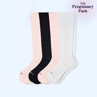 Four pairs of knee-high socks in black, pink, and white on a light blue background with 'The Pregnancy Pack' text.