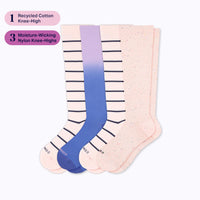 Two pairs of knee-high socks with a gradient from pink to blue on a white background.