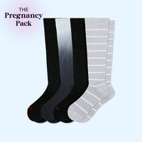 Four compression socks labeled 'The Pregnancy Pack' on a light blue background