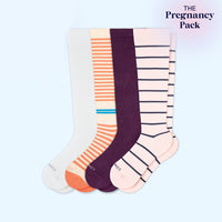 4-pair maternity compression socks in white, terracotta cream stripe, purple, and rose