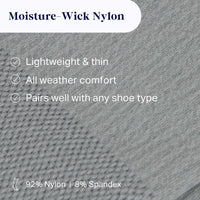 close up of gray nylon fabric with text overlay of fabric content