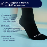 close up of black quarter ankle sock on model's foot with text overlay on uses