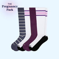 4-pair maternity knee-high socks in navy stripe, purple, and lavender
