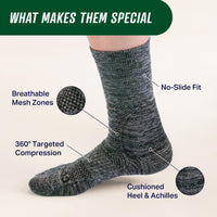 Gray sock with features labeled on a beige background