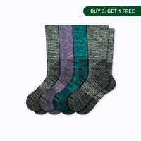 Four pairs of socks in gray, purple, and green on a white background with a promotional label.