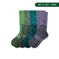 Four pairs of socks in green, gray, purple, and teal on a white background with a promotional label.