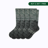 Pack of four charcoal wool crew socks on a white background with a Buy 3, Get 1 Free badge
