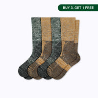 Four pairs of socks in gray and brown on a white background with a 'Buy 3, Get 1 Free' label.