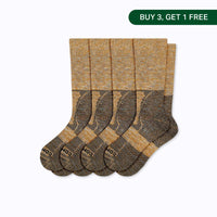Pack of four sand wool crew socks on a white background with a Buy 3, Get 1 Free badge