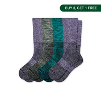 Four pairs of socks in purple, grey, and green on a white background with a promotional label.