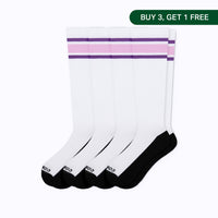 Four pairs of white varsity knee-high socks with purple and light pink stripes near the top and black toes and heels, arranged in a fan on a white background with a green 'BUY 3, GET 1 FREE' banner in the top right.
