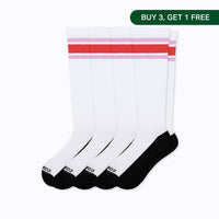 Four white knee-high varsity socks with black toes and heels, featuring red and light pink stripes near the top, displayed on a white background with a green 'BUY 3, GET 1 FREE' banner in the top right corner.