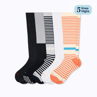 Set of five knee-high socks in black, gray, white, and orange with striped patterns on a white background.