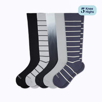 Set of five pairs of striped knee-high socks in black, gray, and navy on a white background.