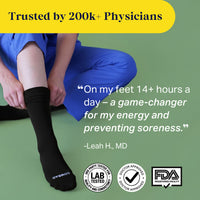 Person wearing black compression socks with text about their benefits and certifications on a green background