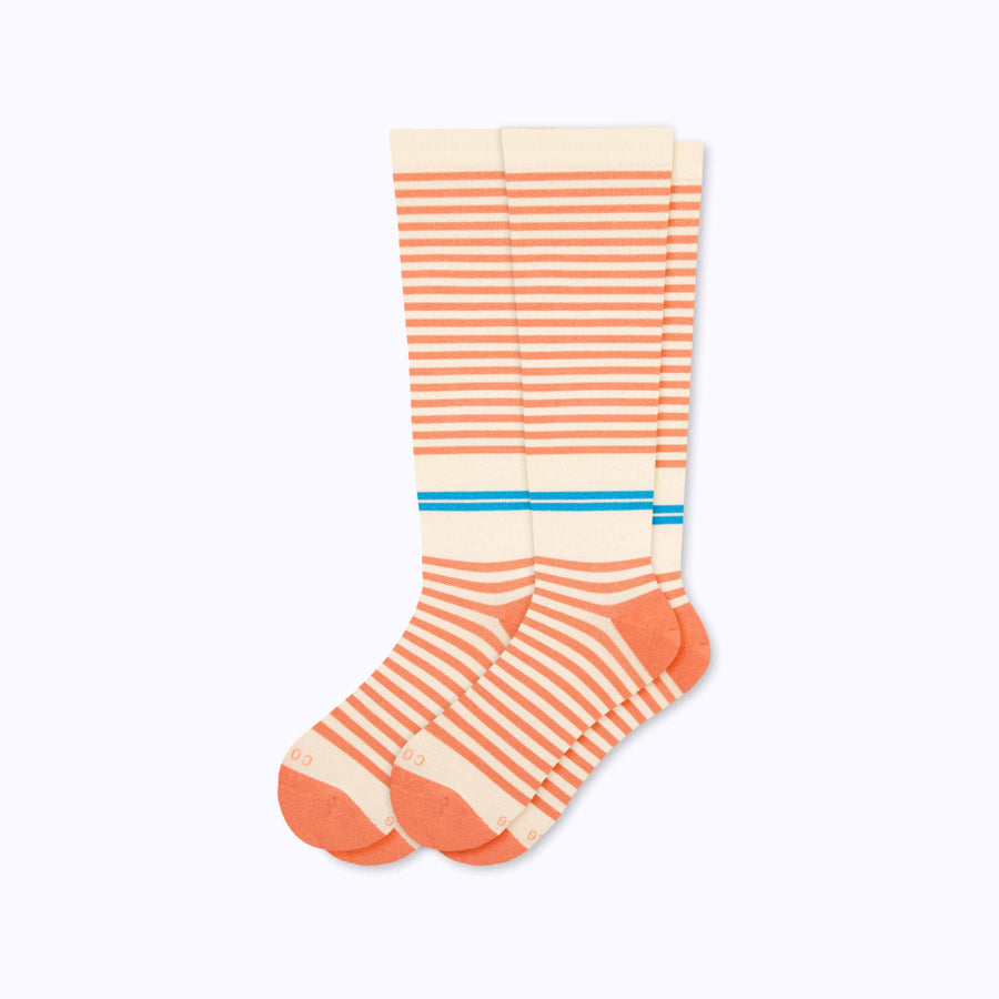 A 2-pack of cotton compression socks in cream-terra-cotta tencel stripe