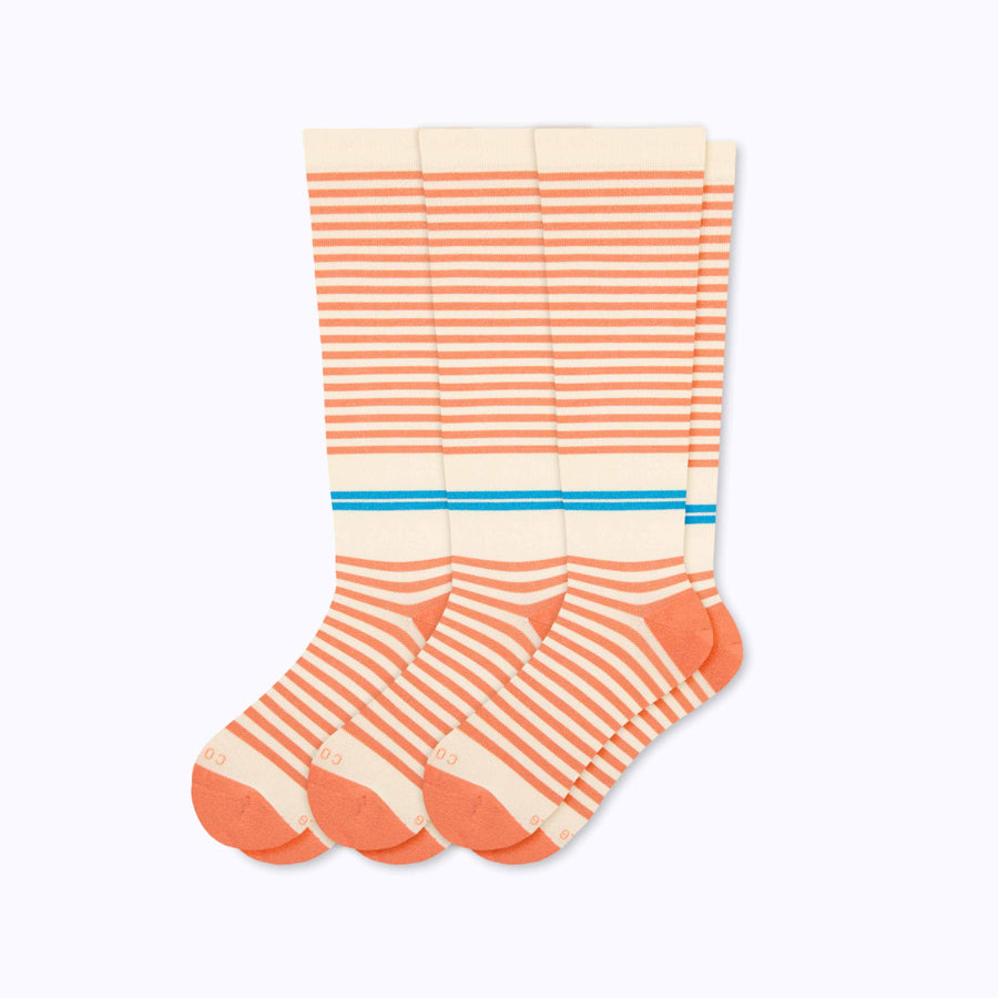 A 3-pack of cotton compression socks in cream-terra-cota tencel stripe