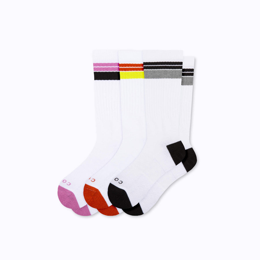 A 3-pack of cotton crew socks  in black-cinnamon-mulberry stripes