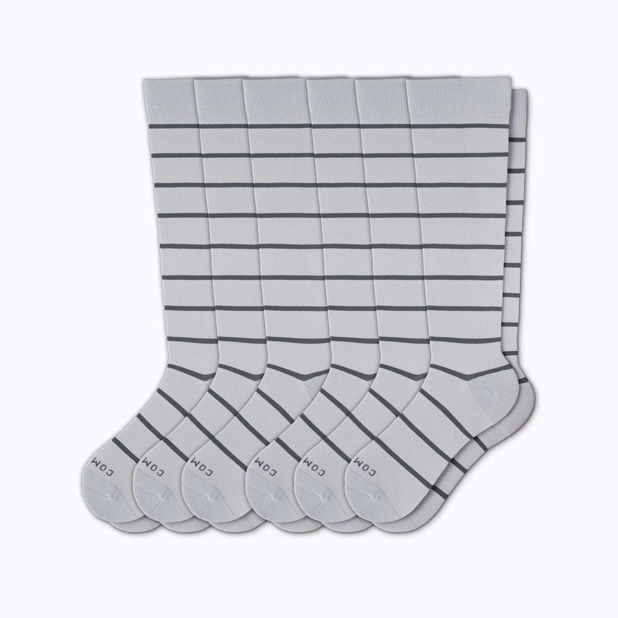 A 6-pack nylon knee high compression socks in grey-charcoal stripes