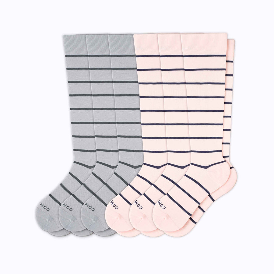 A 6-pack nylon knee high compression socks in grey-charcoal-rose-navy 
